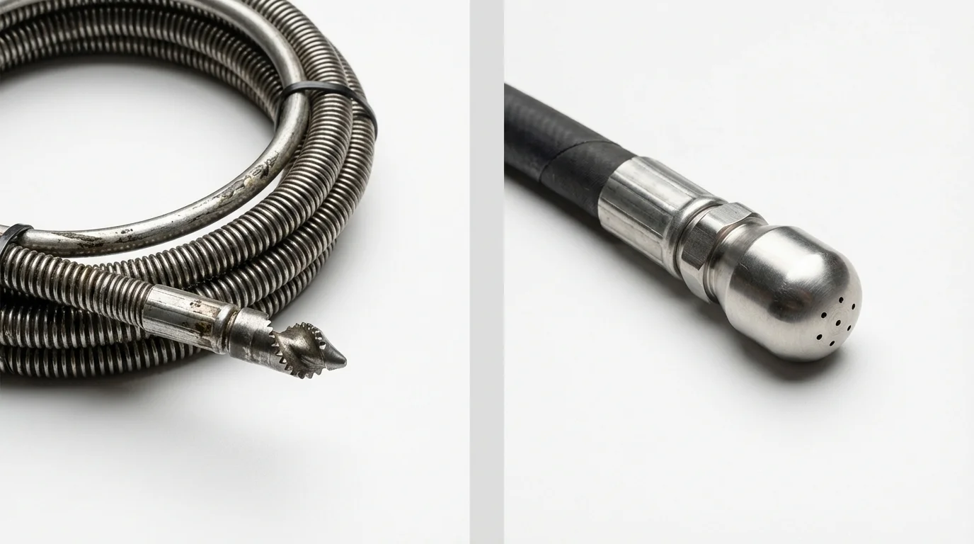 Drain snake cable and hydro jetting nozzle used for drain cleaning in Watertown, NY