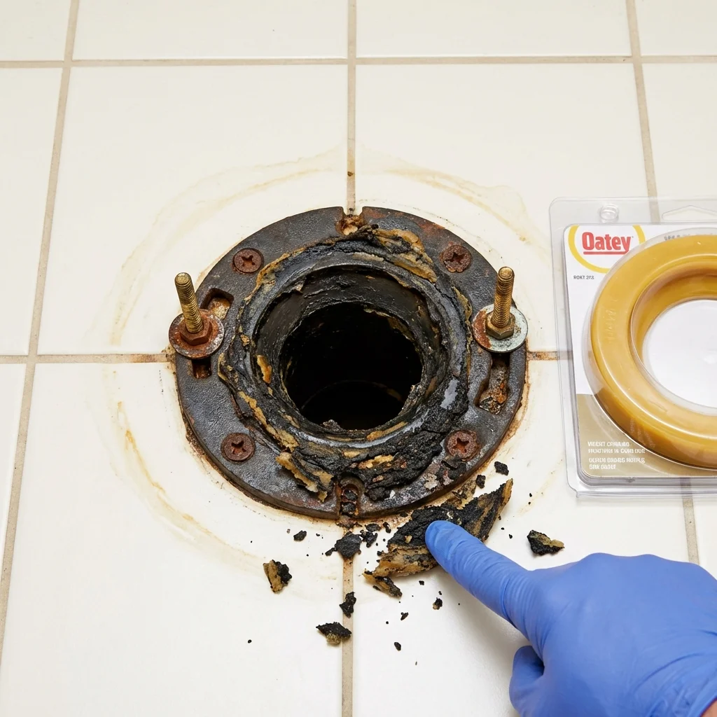 Failed wax ring showing water seepage at the base of a toilet in a Watertown, NY home