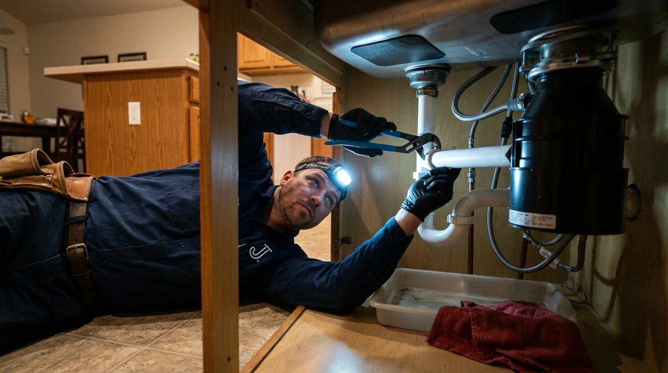 P-trap and supply line connections under a kitchen sink showing a common leak point in Watertown, NY
